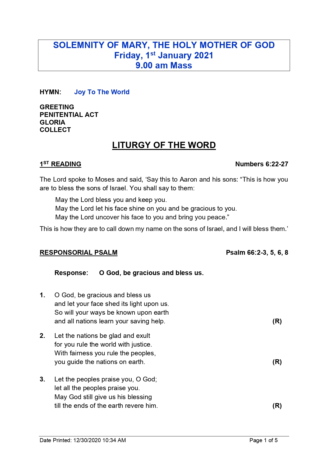 1 Jan. 2021 Solemnity of Mary The Holy Mother of God page 0005